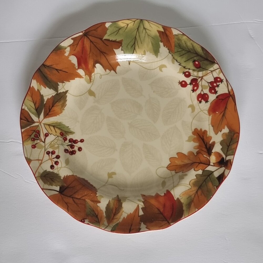 222 Fifth Harvest Festival cream dinner plate with autumn leaves and berries